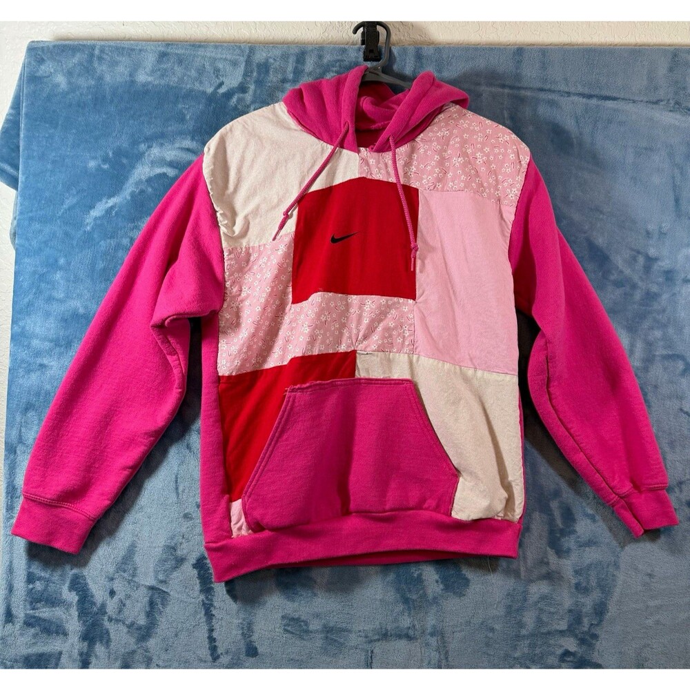 Custom Reworked Nike Patchwork Hoodie Pink Red Upcycled Block Fleece Pullover lg